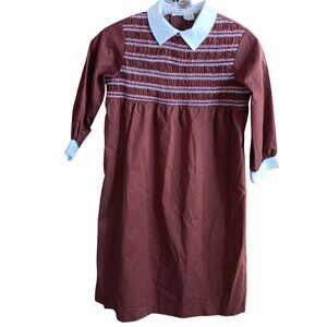 Vintage Girls 8 Dress 1970's J.C. Penney Brown Smocked White Collar & Cuffs Mod